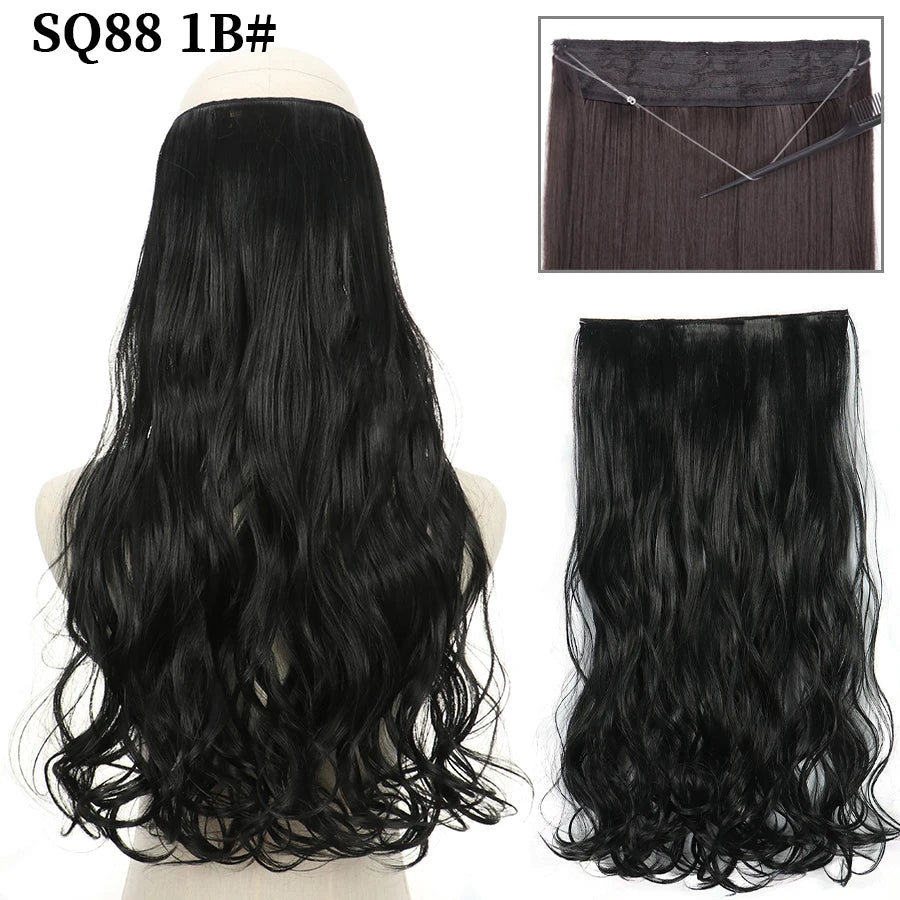 Synthetic Natural Wavy No Clip Fish Line Invisible Hair Extensions Mixed Color Blonde Black Artificial False Hair Piece ForWomen