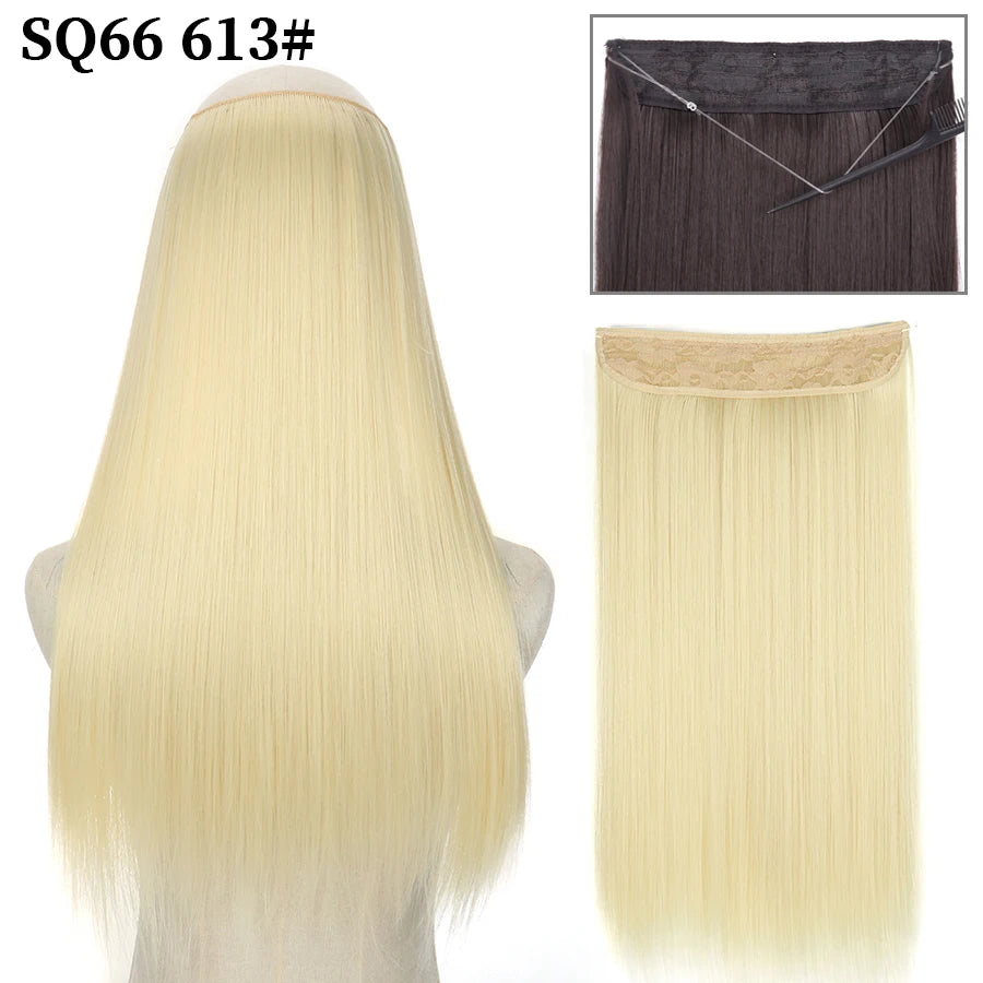 Synthetic Natural Wavy No Clip Fish Line Invisible Hair Extensions Mixed Color Blonde Black Artificial False Hair Piece ForWomen