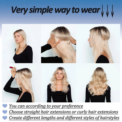 Synthetic Natural Wavy No Clip Fish Line Invisible Hair Extensions Mixed Color Blonde Black Artificial False Hair Piece ForWomen